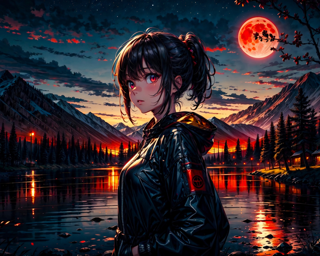 Девушка аниме в черной куртке у реки на фоне луны
