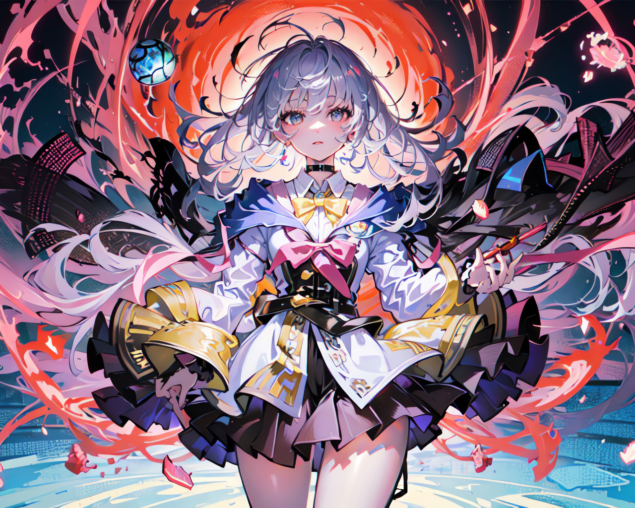 Девушка аниме в пышном платье у магического круга