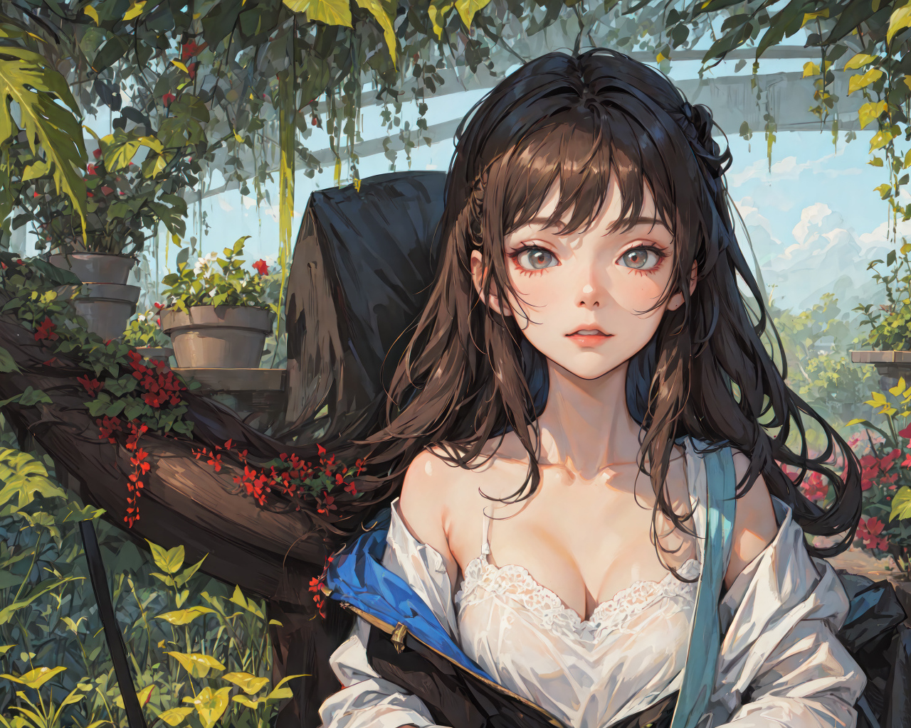 Девушка аниме в оранжерее с цветами
