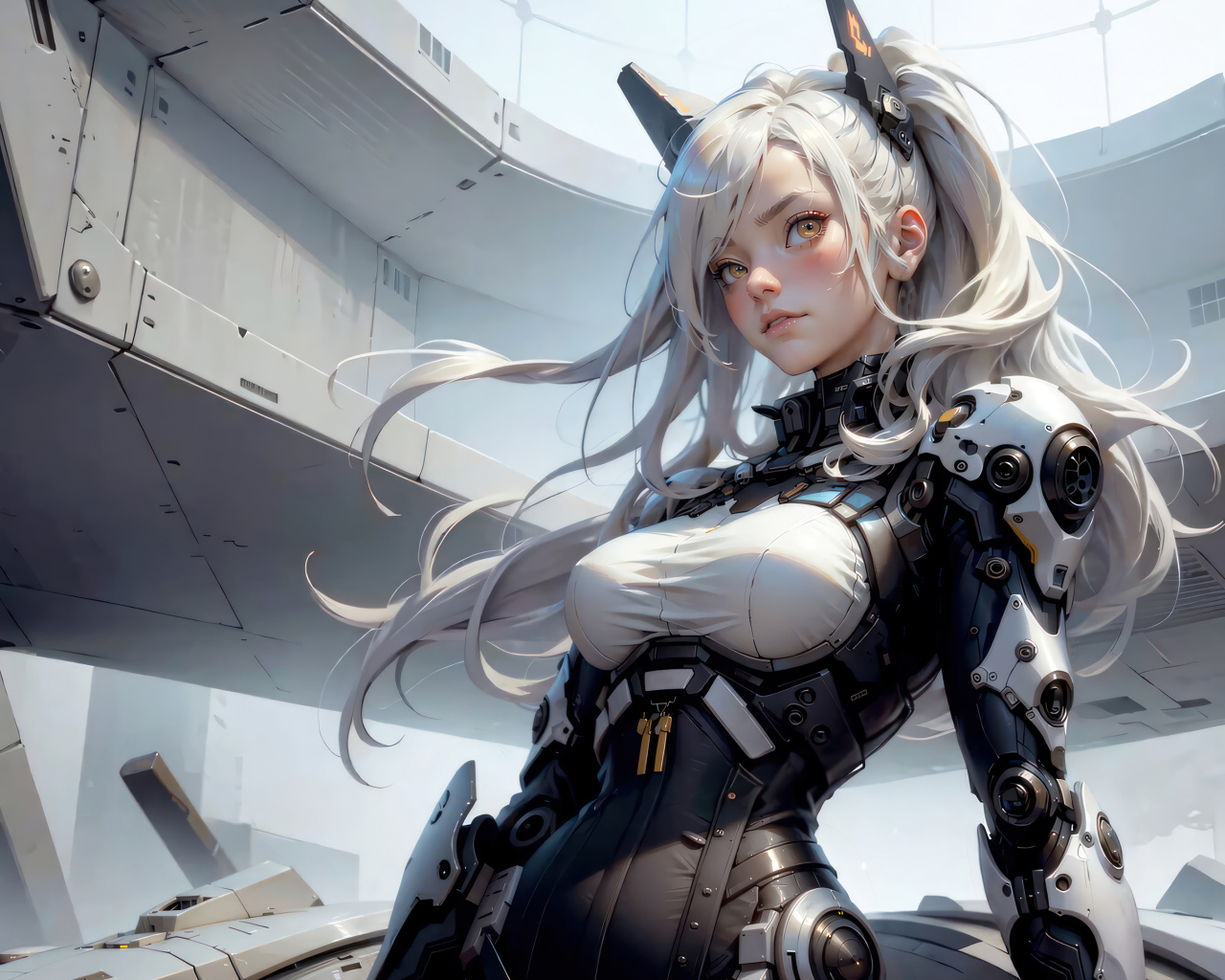 Девушка аниме в костюме на космическом корабле