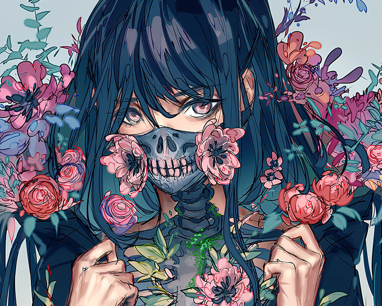 Девушка аниме в цветах с маской на лице