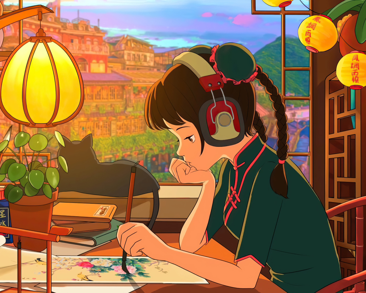Девушка аниме в наушниках сидит за столом у окна