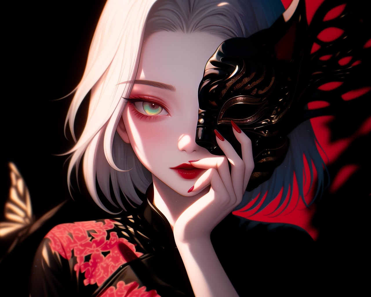 Девушка аниме в кимоно закрывает лицо маской