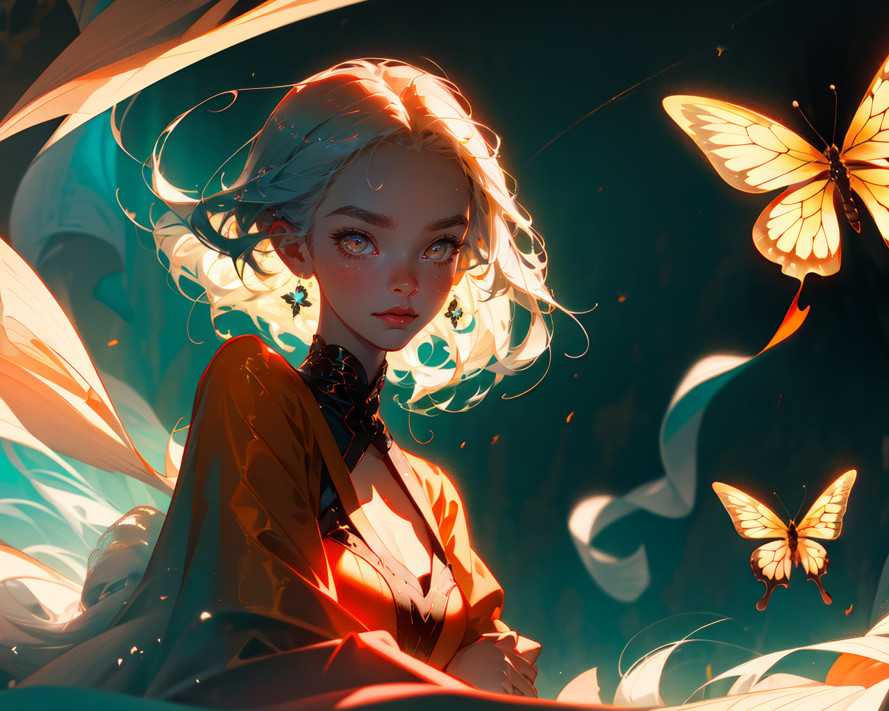 Девушка аниме в лучах света с бабочками