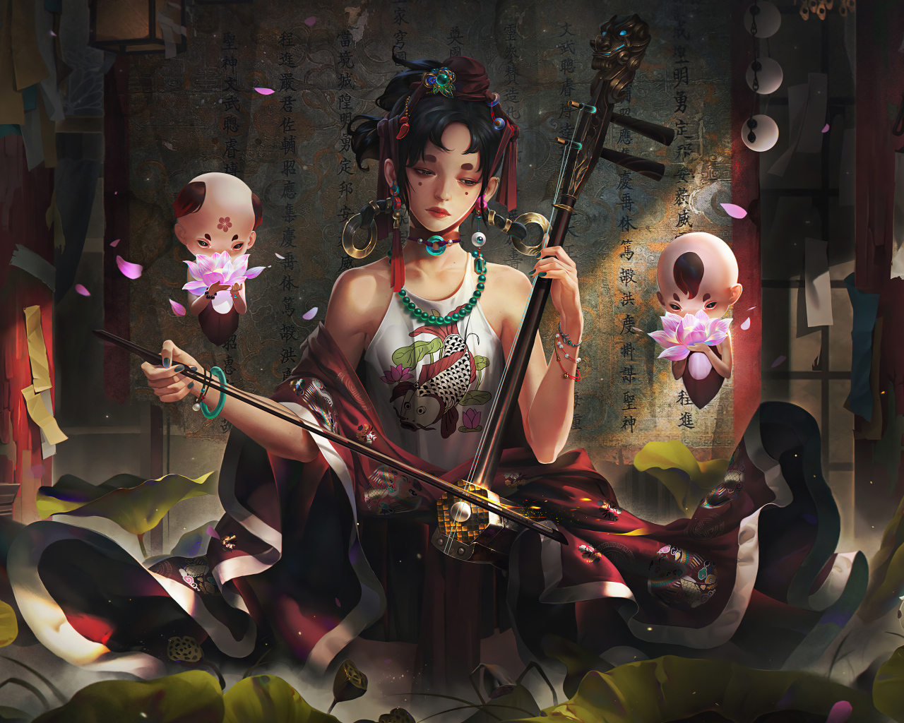 Девушка аниме играет на музыкальном инструменте