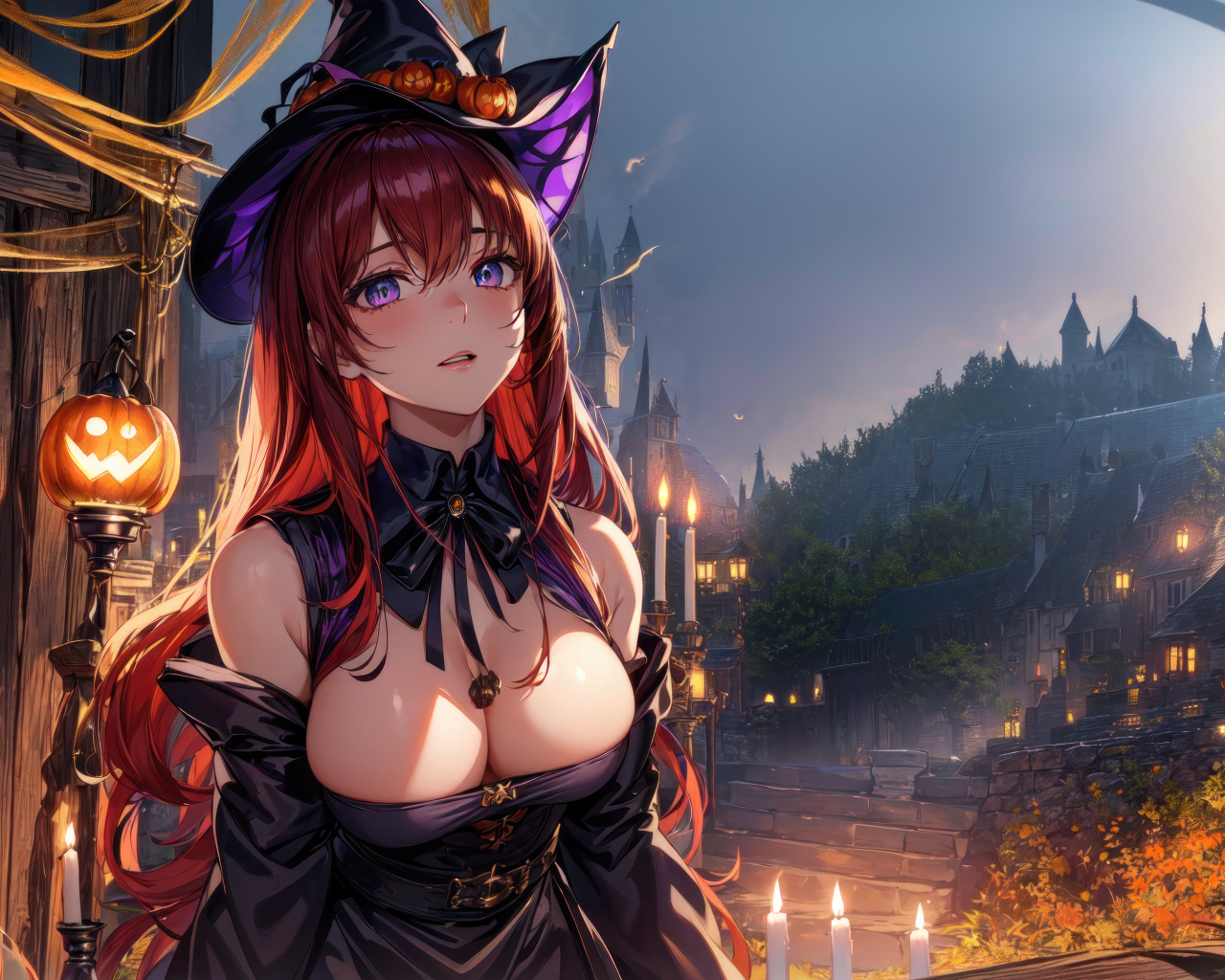 Аниме девушка в костюме ведьмы на Хэллоуин 