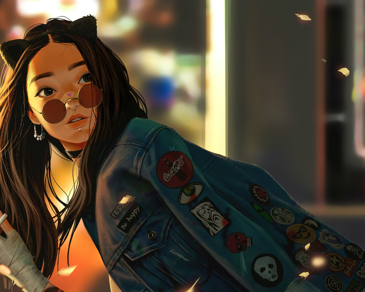 Девушка аниме с сигаретой в джинсовой куртке