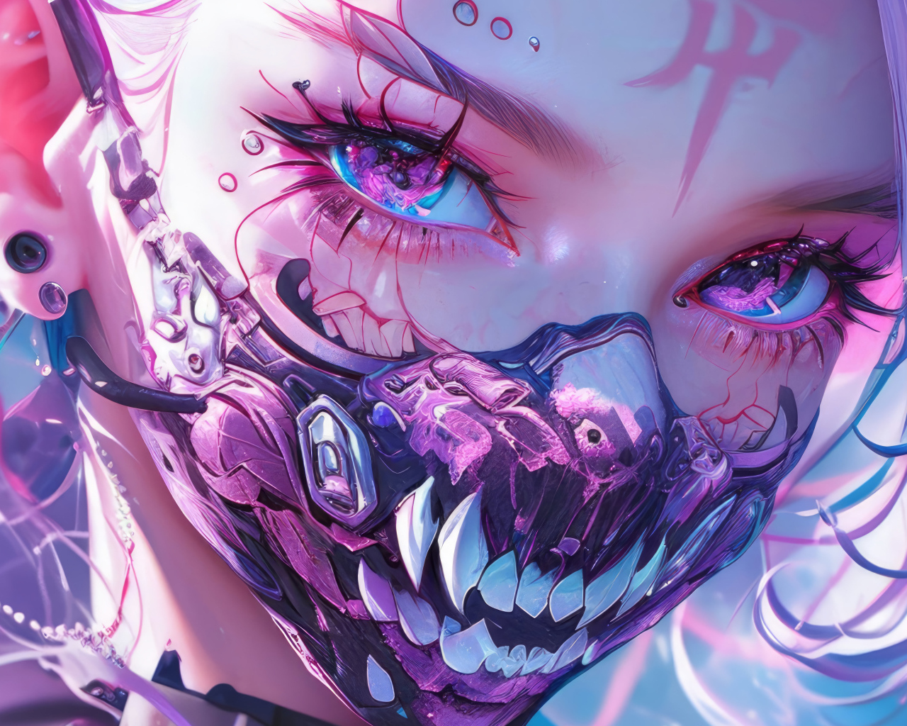 Аниме девушка с маской с острыми клыками на лице