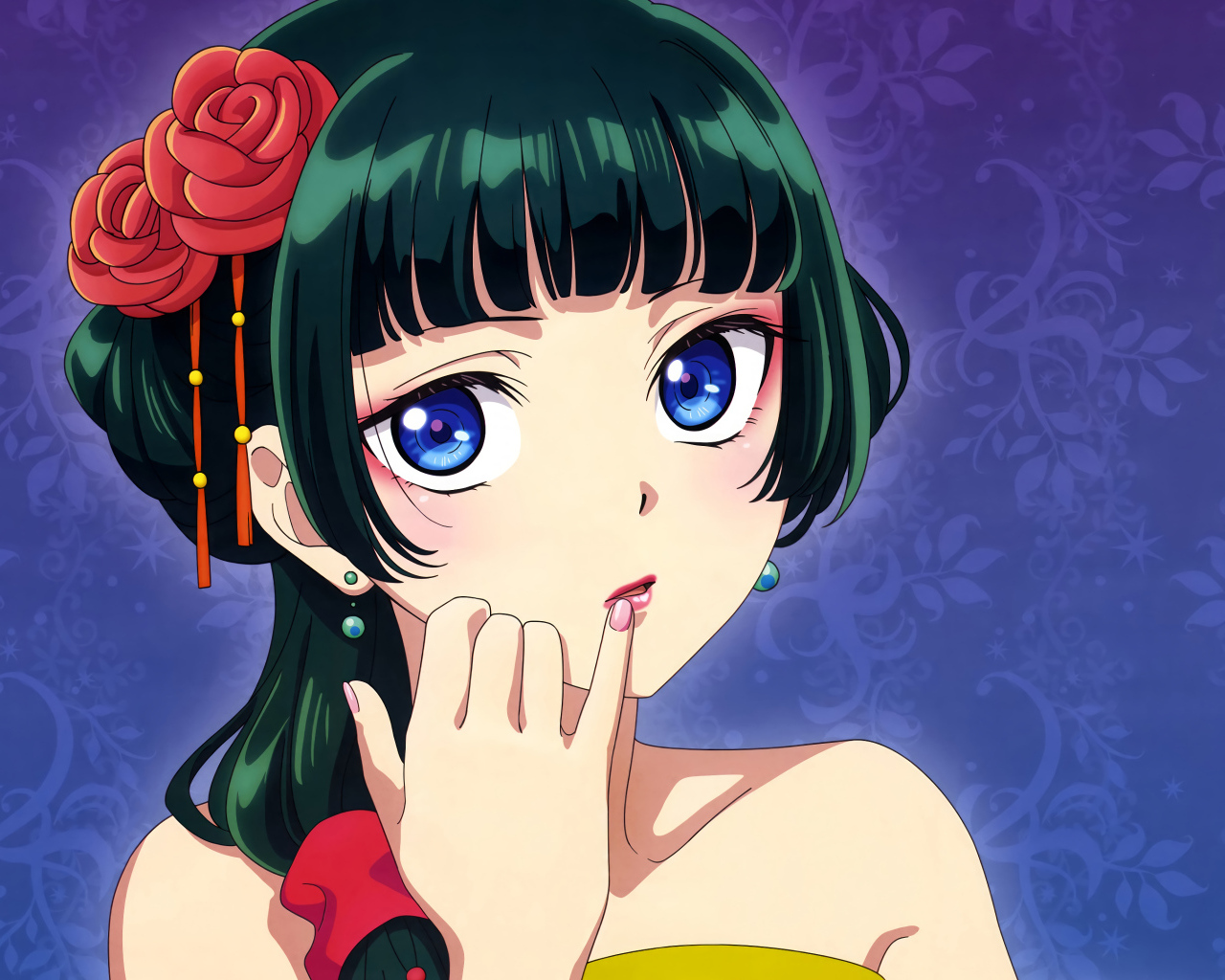 Девушка аниме с большими голубыми глазами на синем фоне