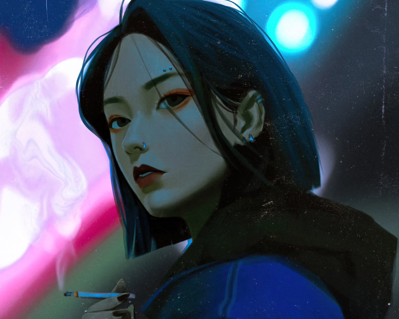 Девушка аниме с черными глазами с сигаретой в руках