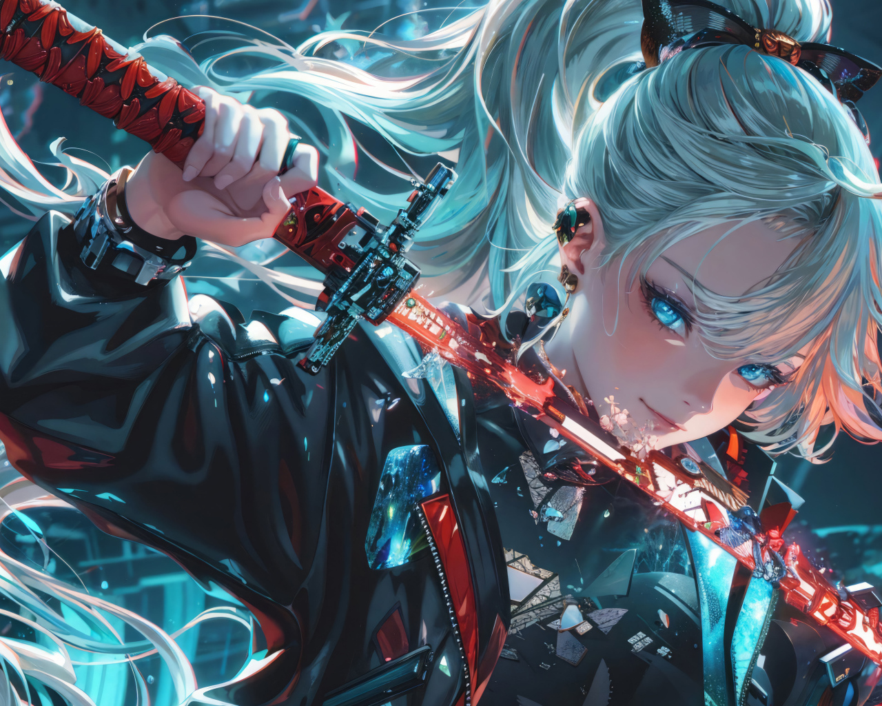 Девушка аниме с голубыми волосами держит катану