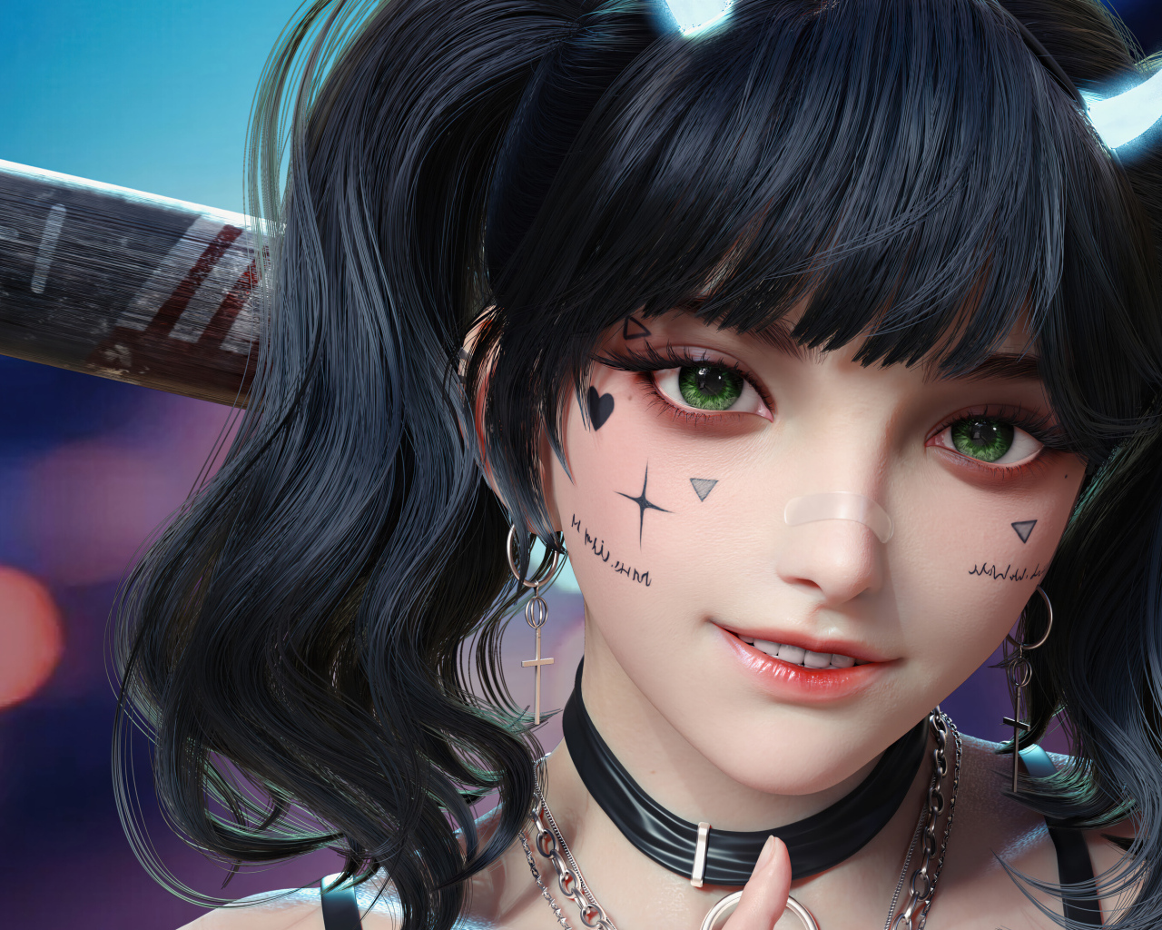 Девушка аниме с татуировками на лице 