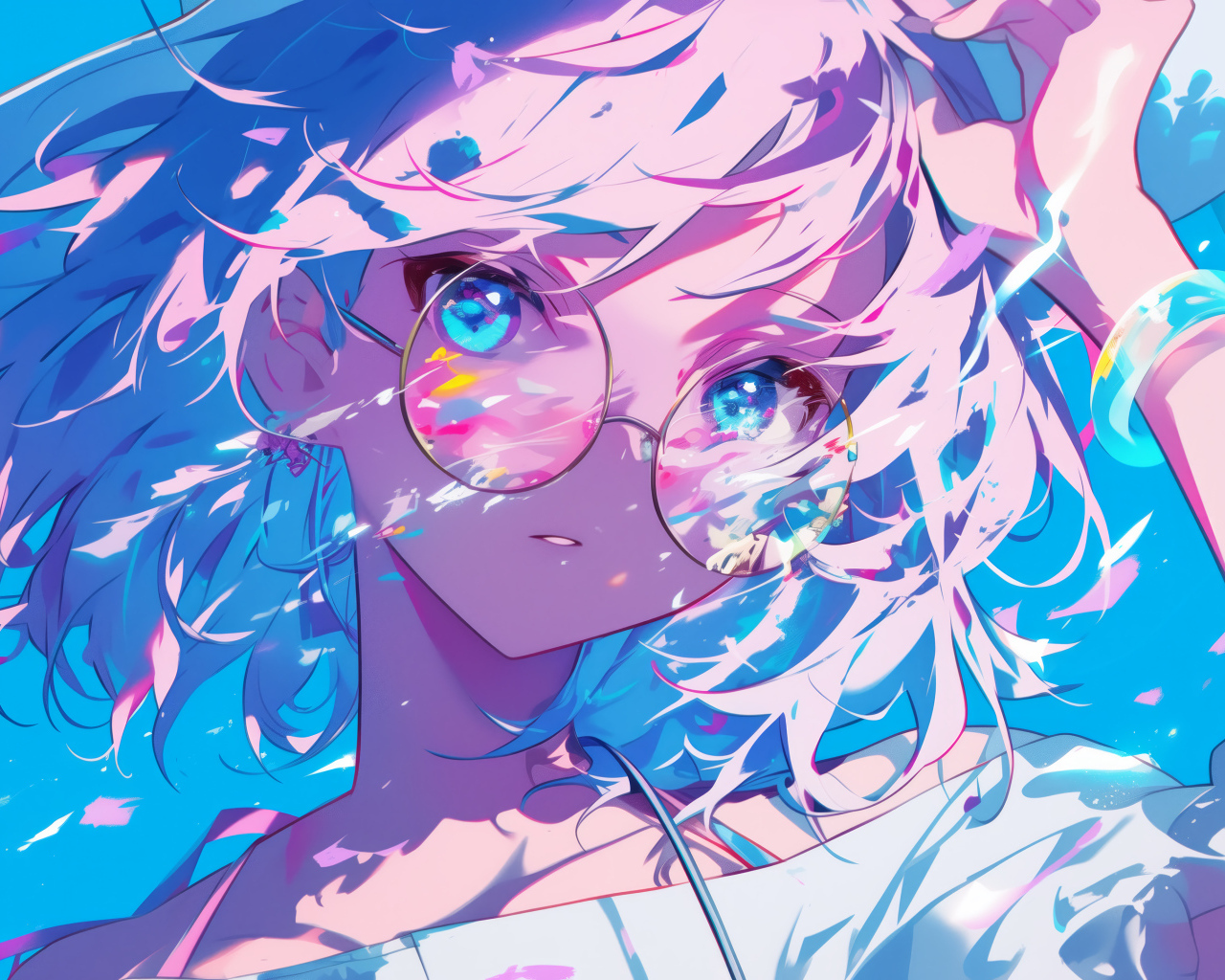 Аниме девушка в очках в лучах солнца на голубом фоне