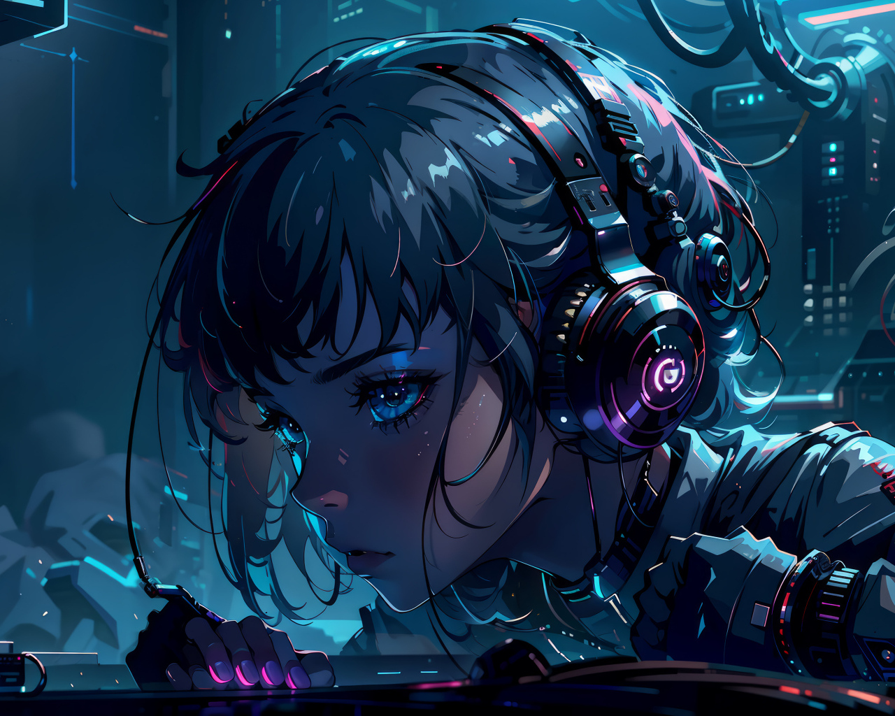 Девушка аниме с наушниками на голове 
