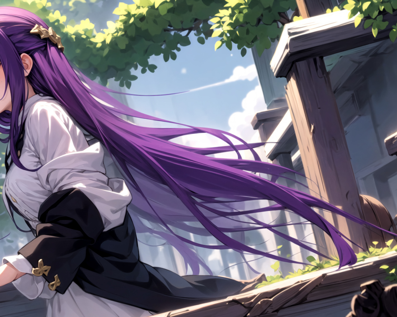 Девушка аниме с длинными фиолетовыми волосами