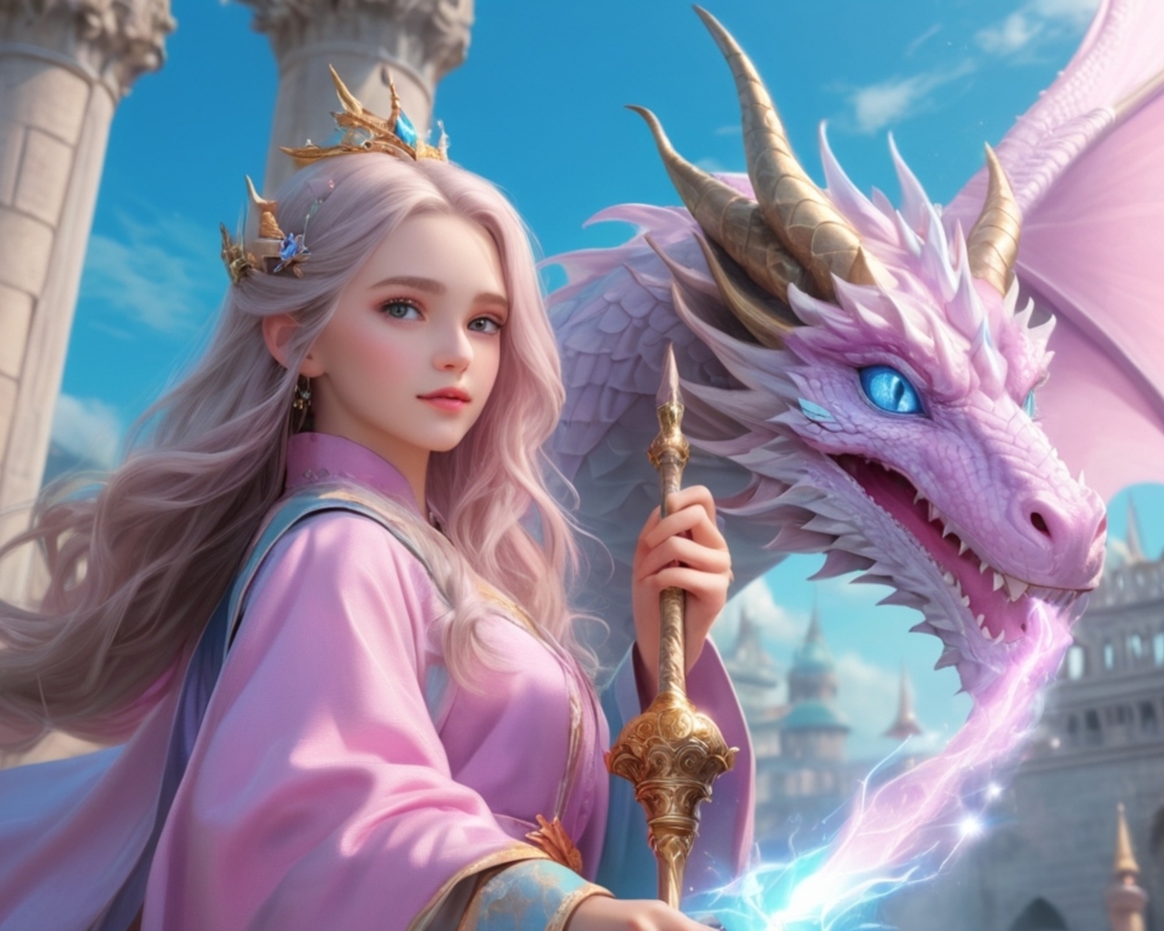 Девушка аниме с розовым драконом