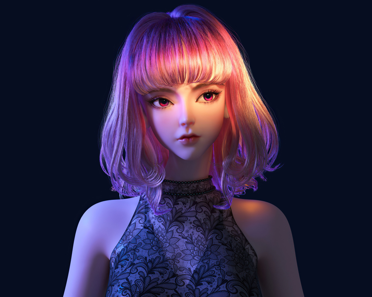 Девушка аниме с розовыми волосами на черном фоне