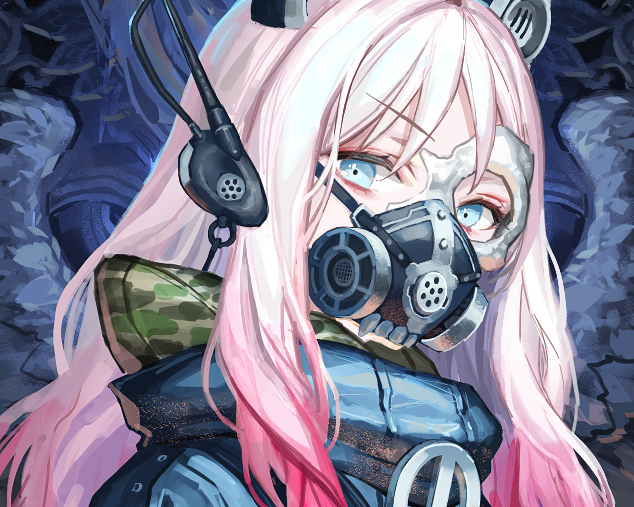 Девушка аниме с розовыми волосами с маской на лице