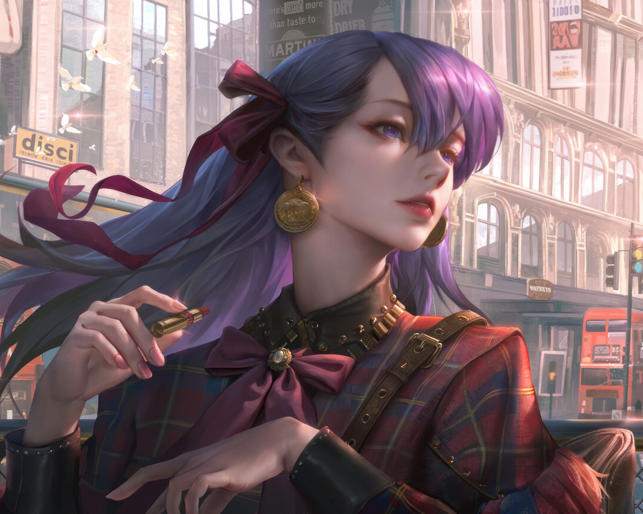 Девушка аниме с фиолетовыми волосами с помадой в руке