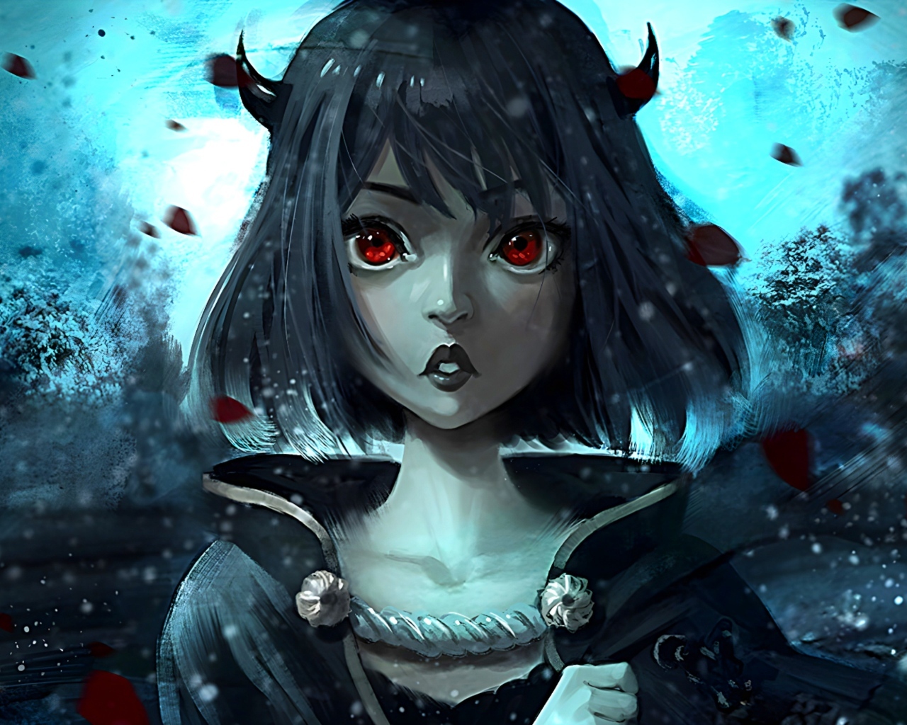 Девушка аниме с красными глазами и рогами на голове