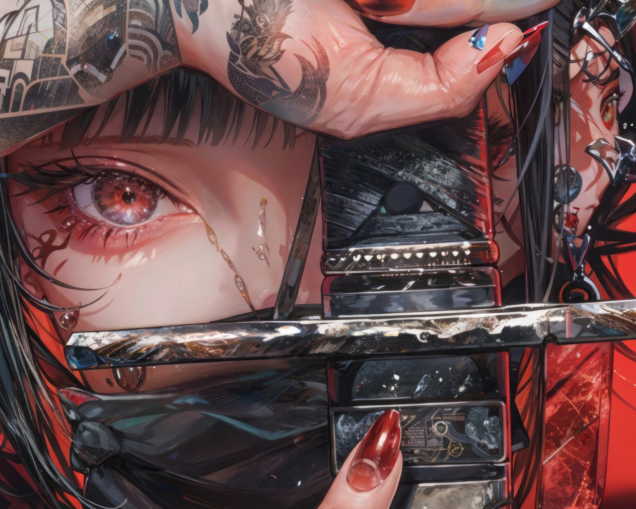 Аниме девушка с красными глазами держит меч