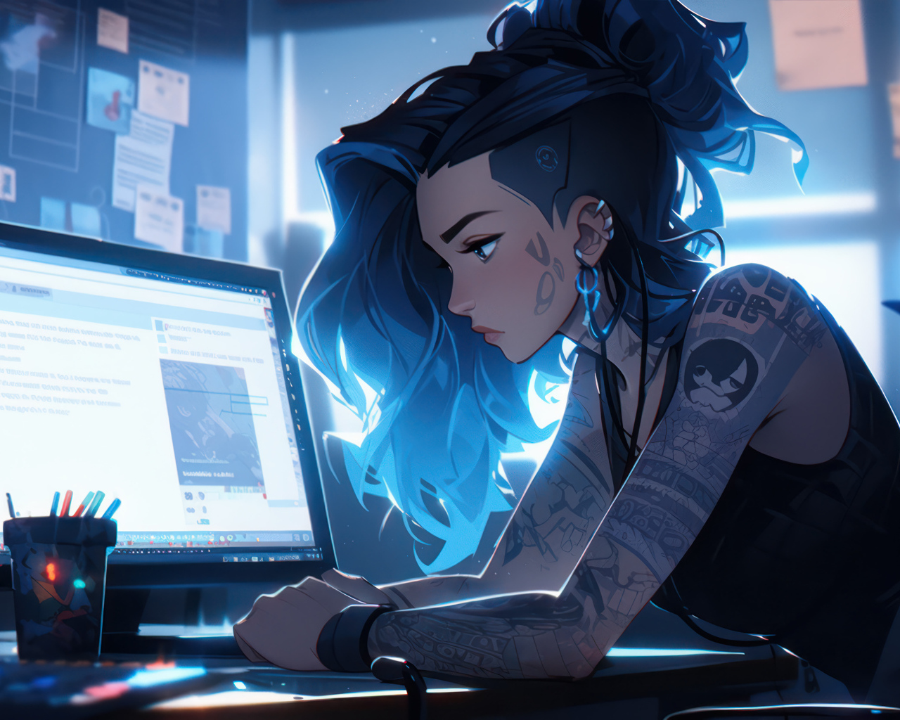 Девушка аниме с татуировками сидит за компьютером