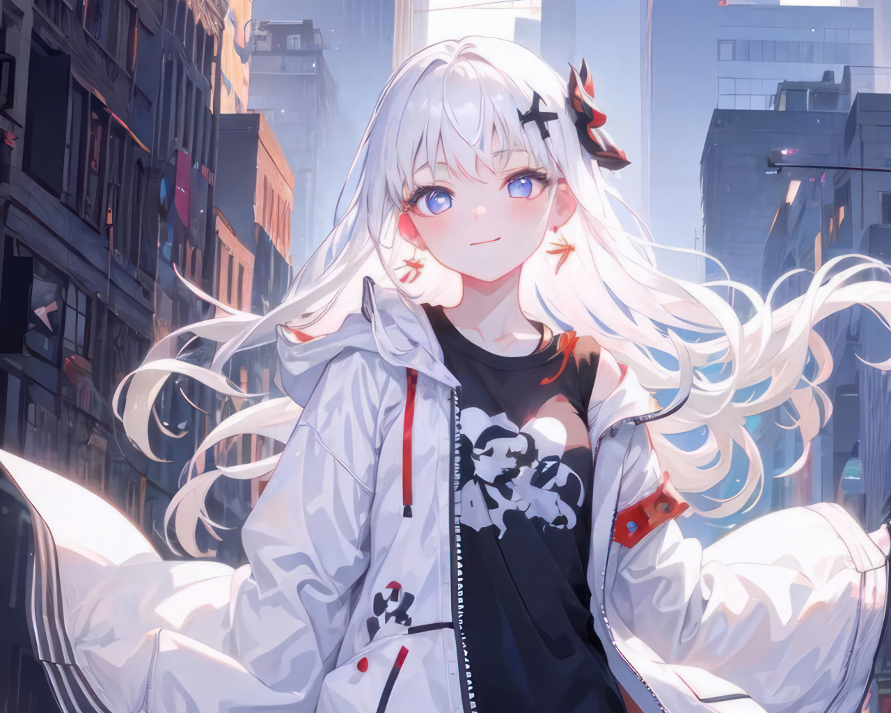 Девушка аниме с белыми длинными волосами в куртке на улице