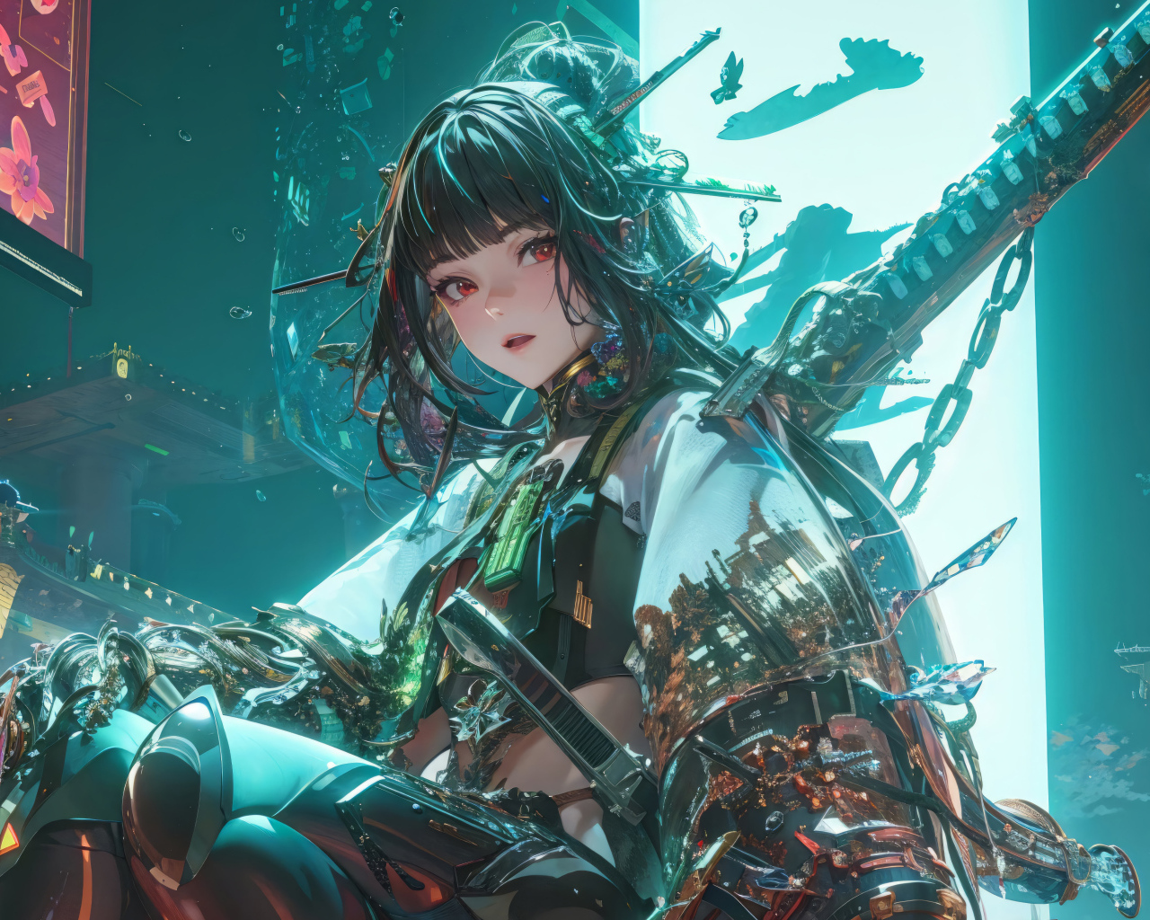 Девушка аниме самурай в городе