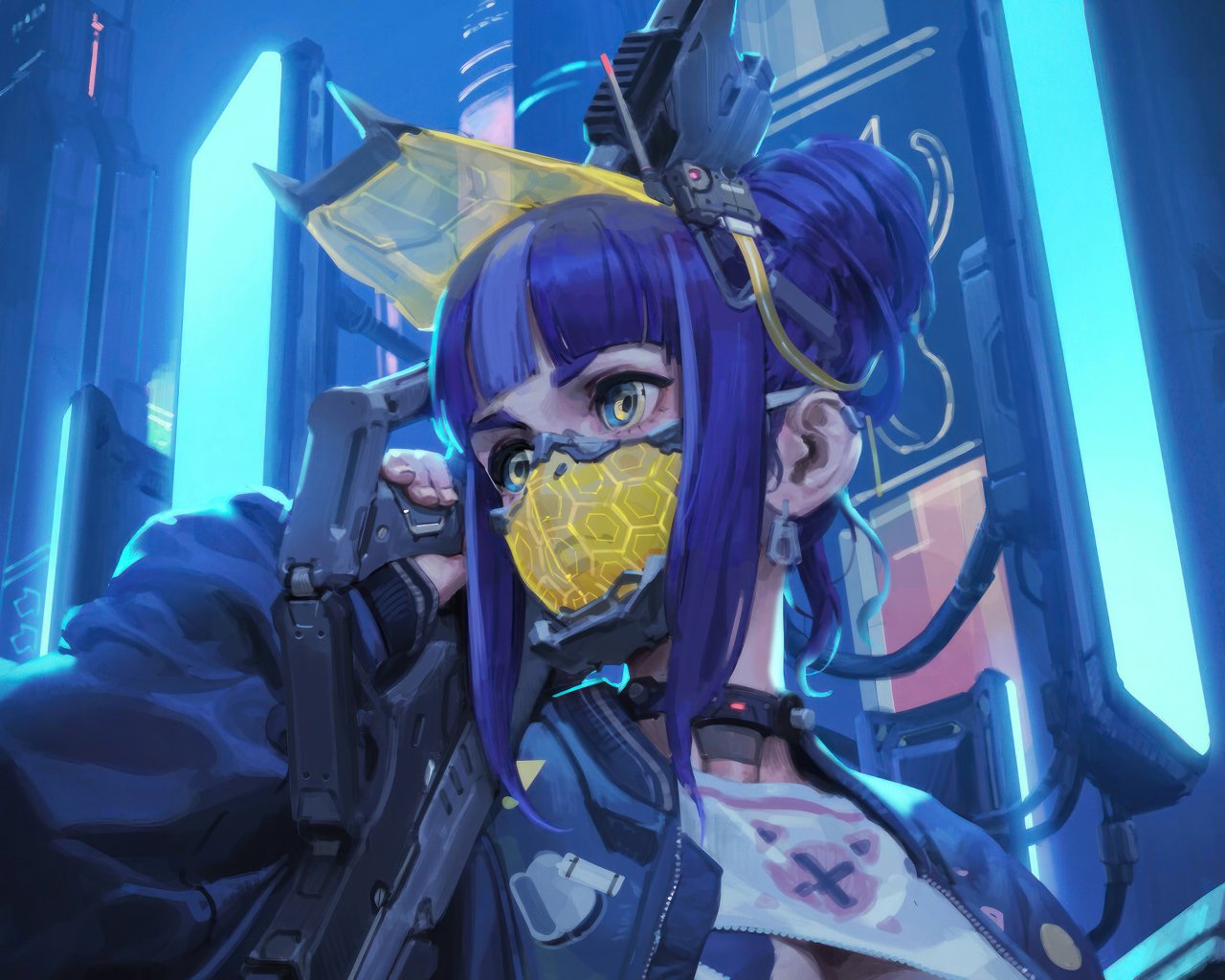Девушка аниме солдат с маской на лице