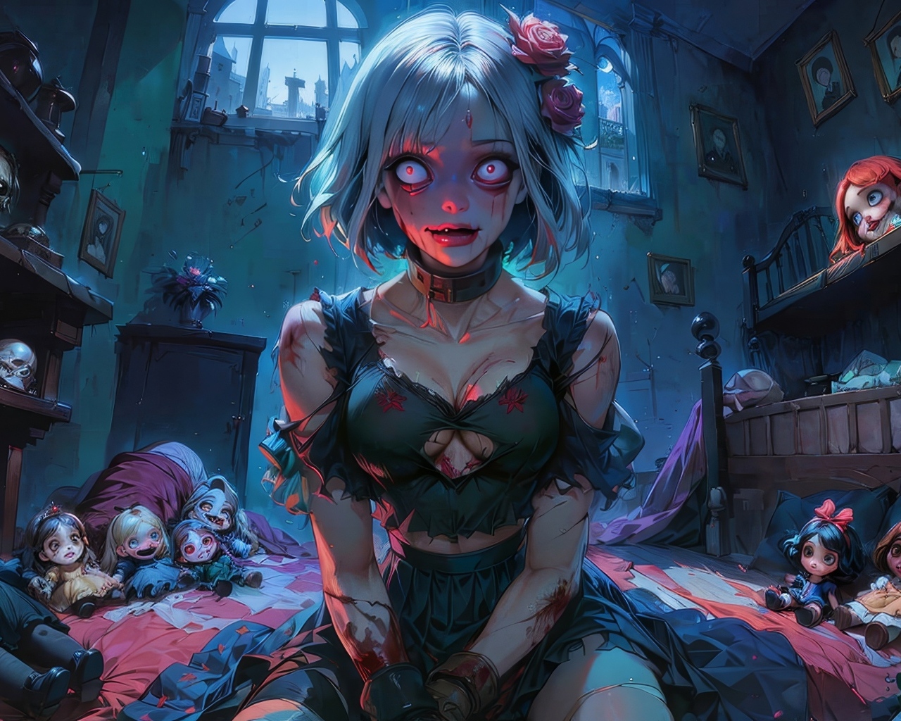 Девушка аниме зомби в комнате с куклами