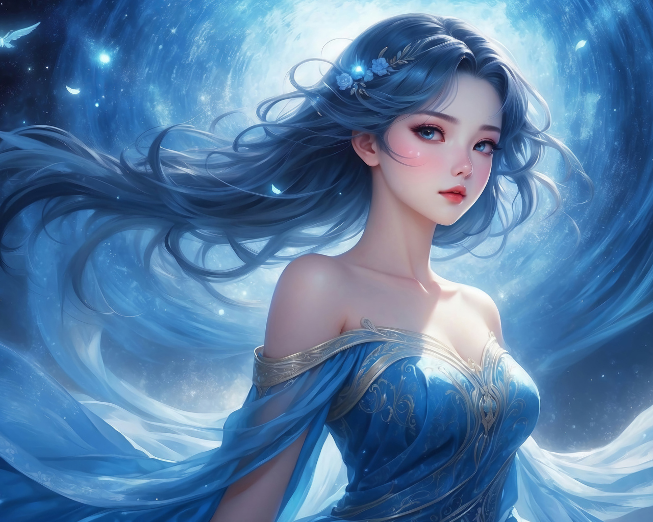 Красивая девушка аниме на фоне лунного сияния