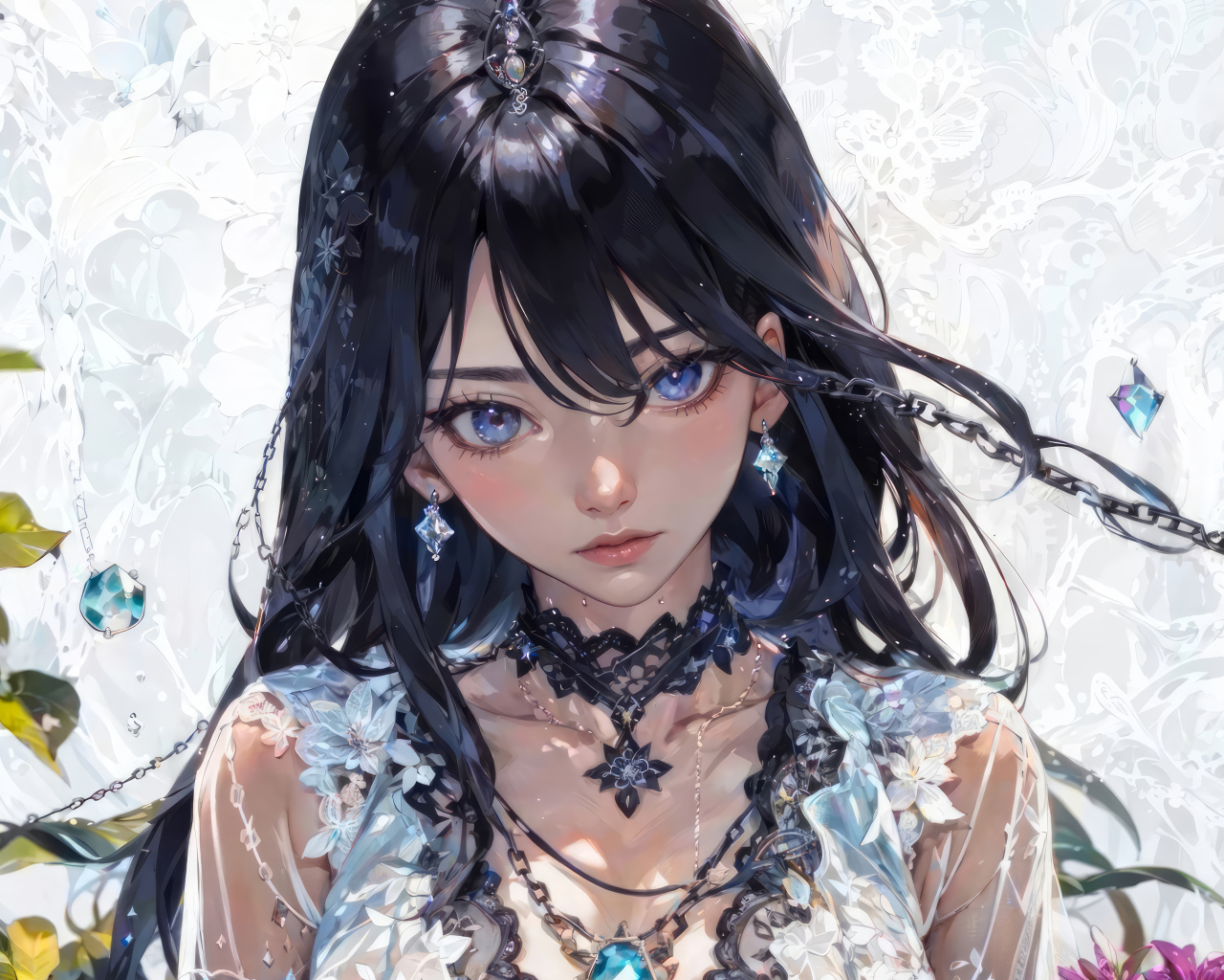 Красивая голубоглазая девушка аниме с черными волосами