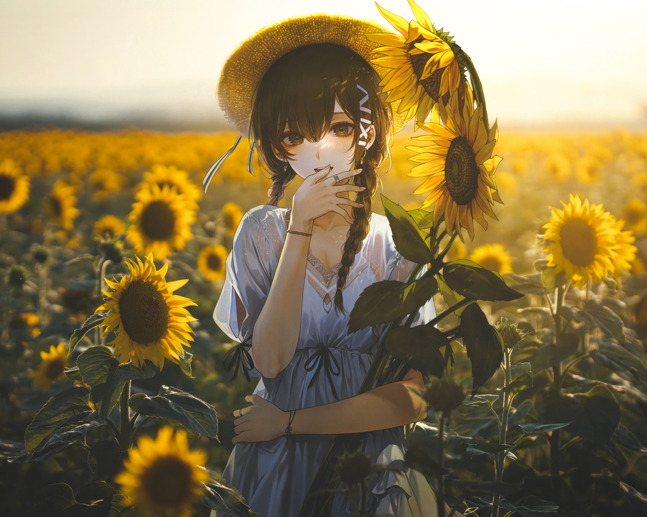 Милая девушка аниме на поле с подсолнухами