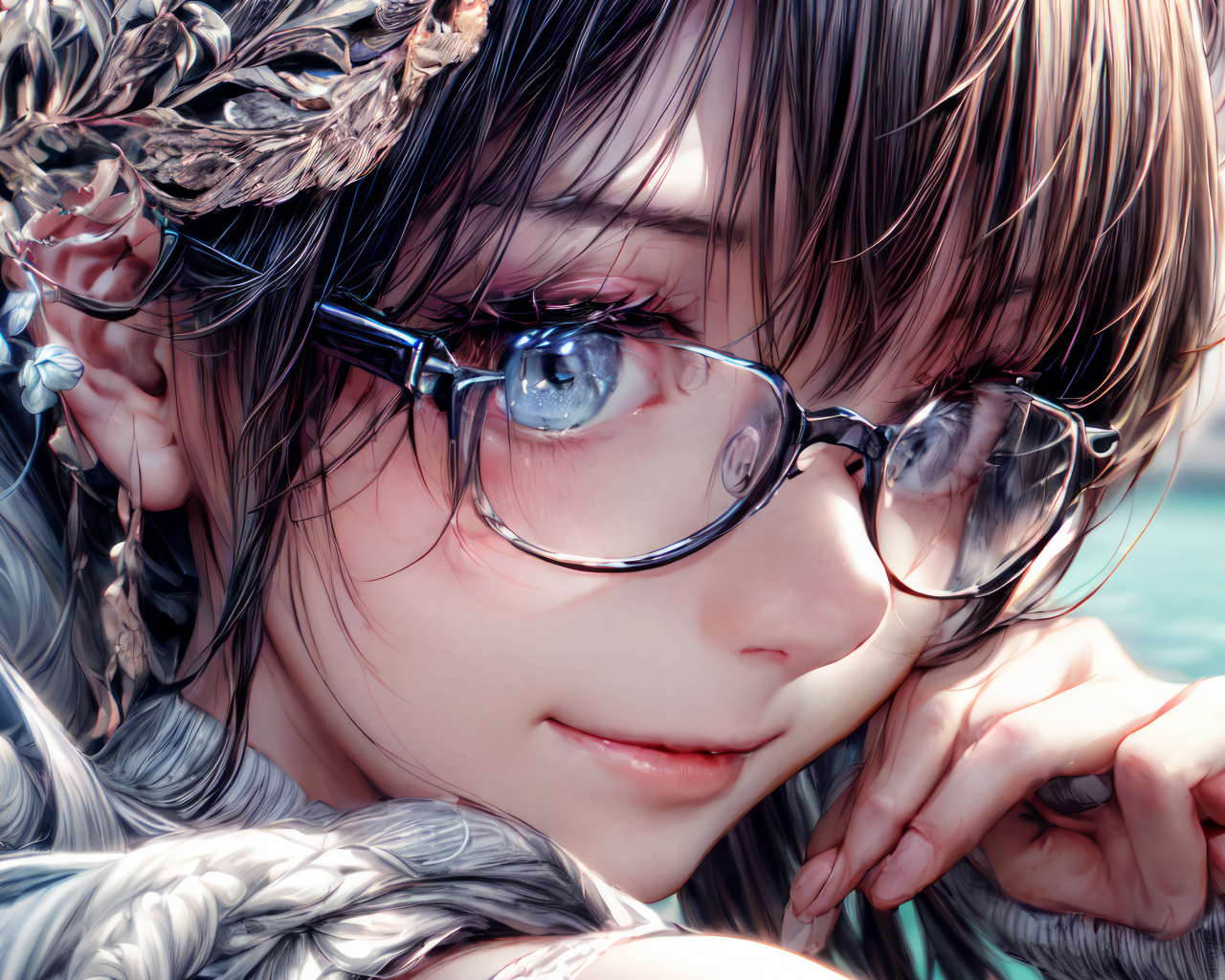Милая голубоглазая аниме девушка в очках