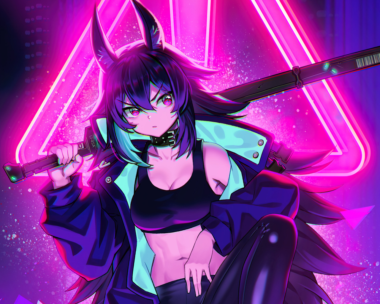 Девушка аниме cyberpunk с катаной в руках
