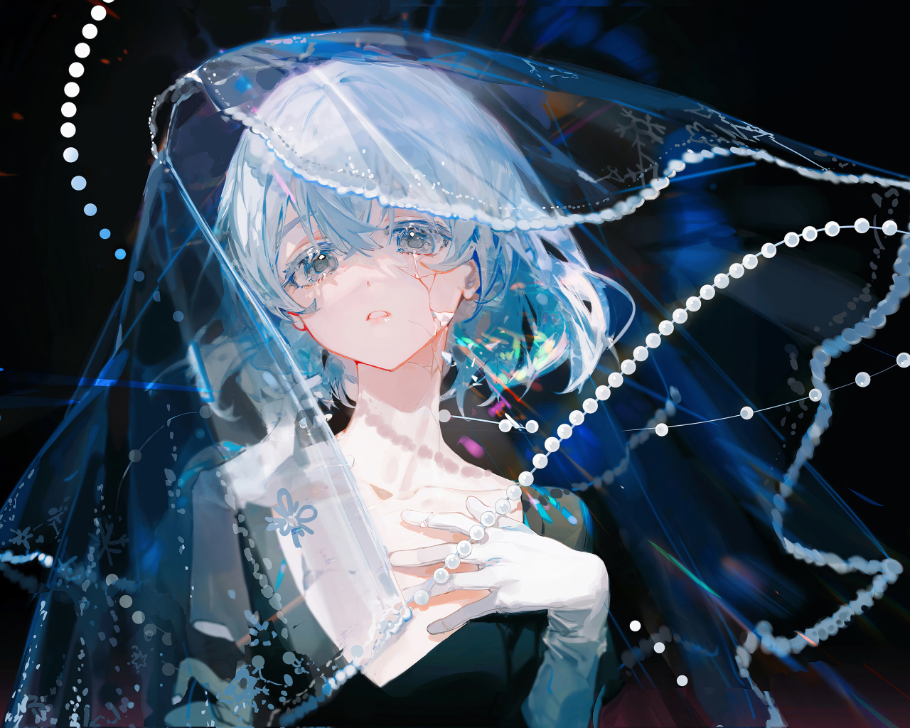 Грустная девушка аниме с фатой на лице