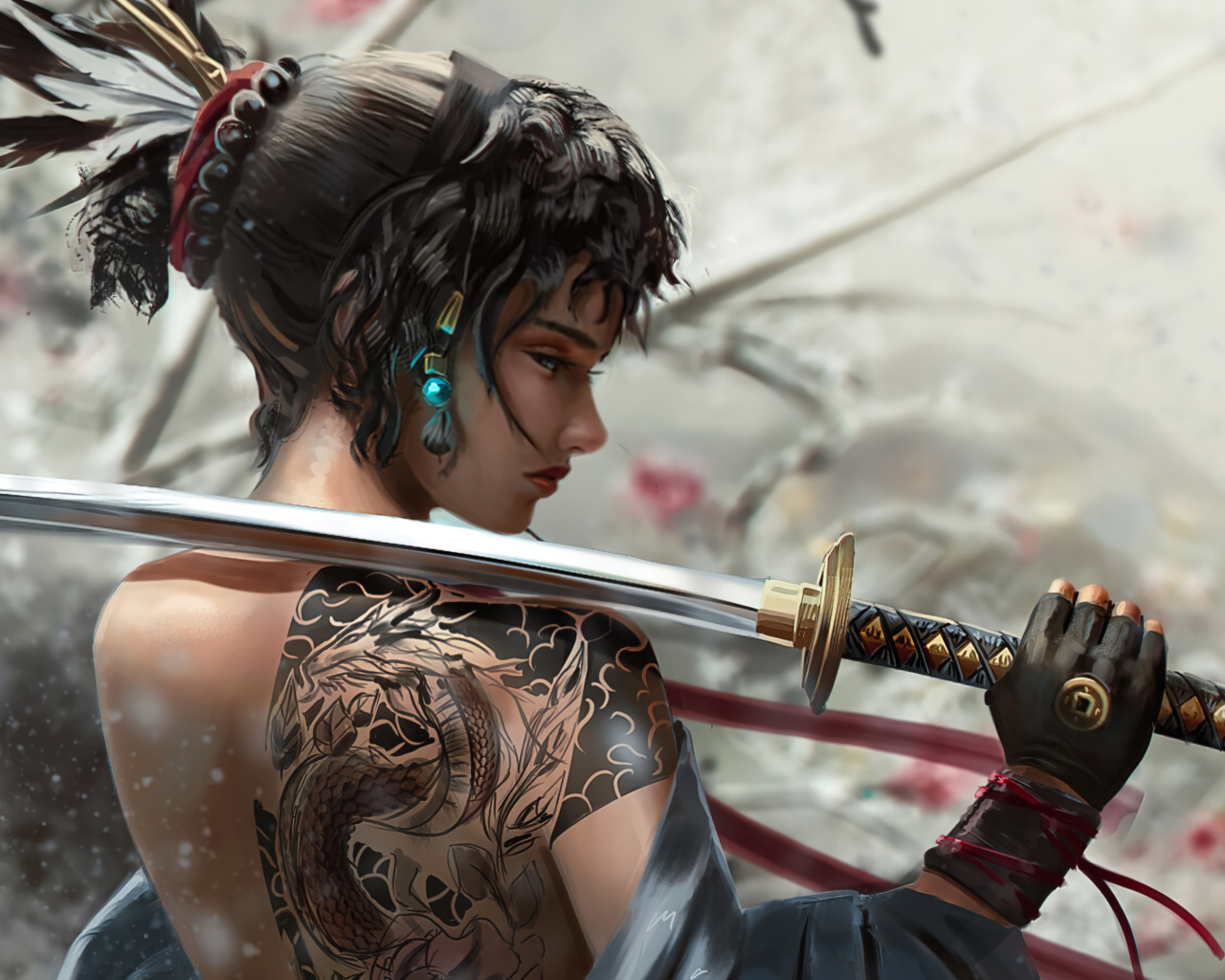 Девушка самурай с катаной в руке 