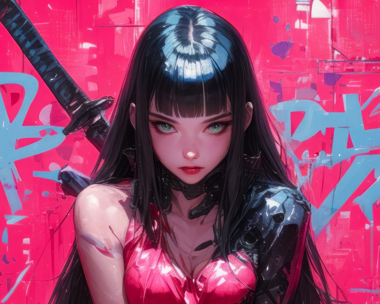 Суровая аниме девушка с катаной за спиной