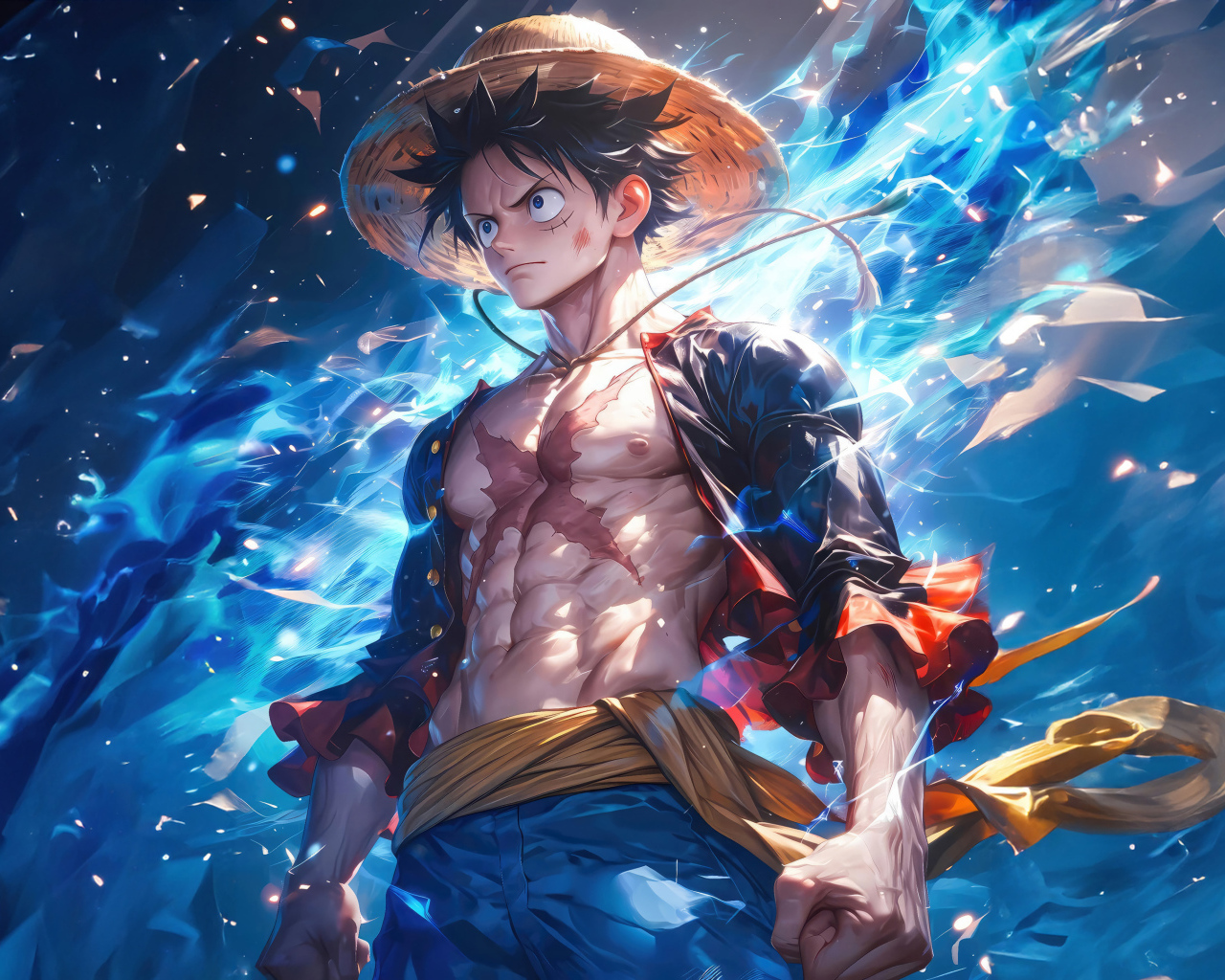 Сильный мужчина аниме с голубым свечением