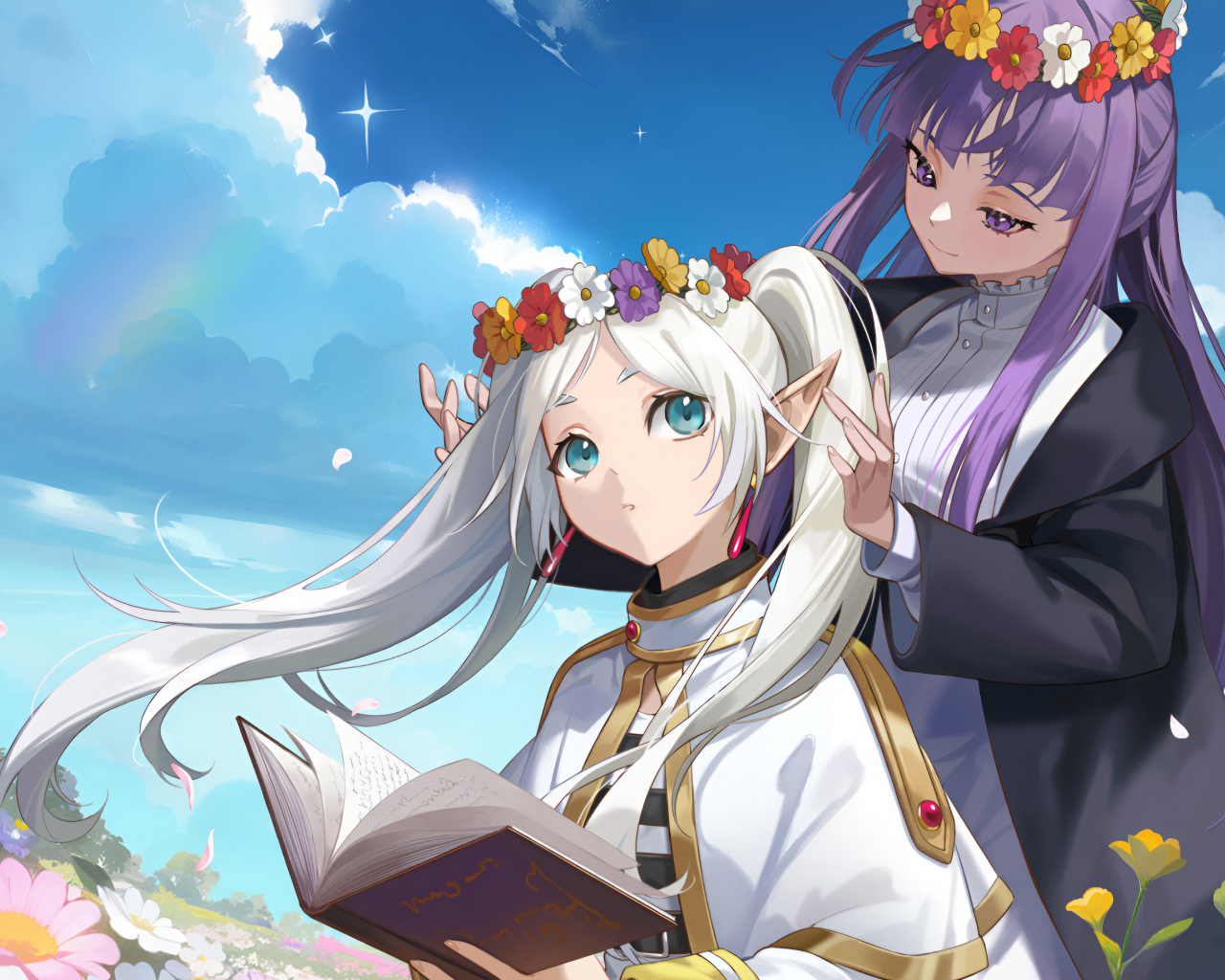 Две девушки аниме на поле с венками