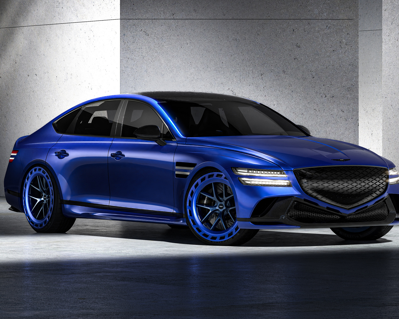 Синий автомобиль Genesis G80 EV Magma Concept 2024 года