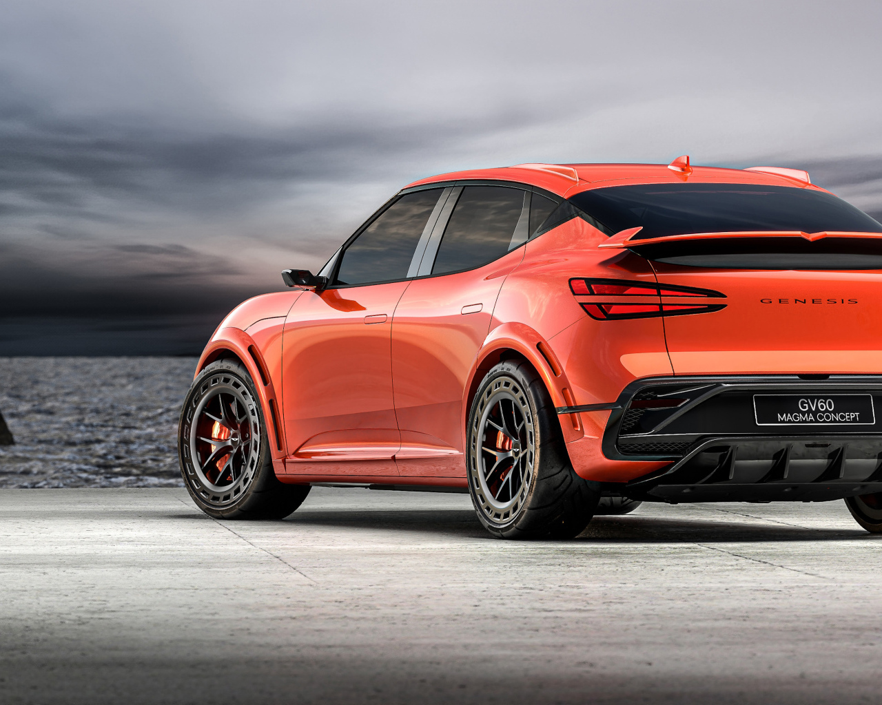 Вид сзади на автомобиль Genesis GV60 Magma Concept 2024 года