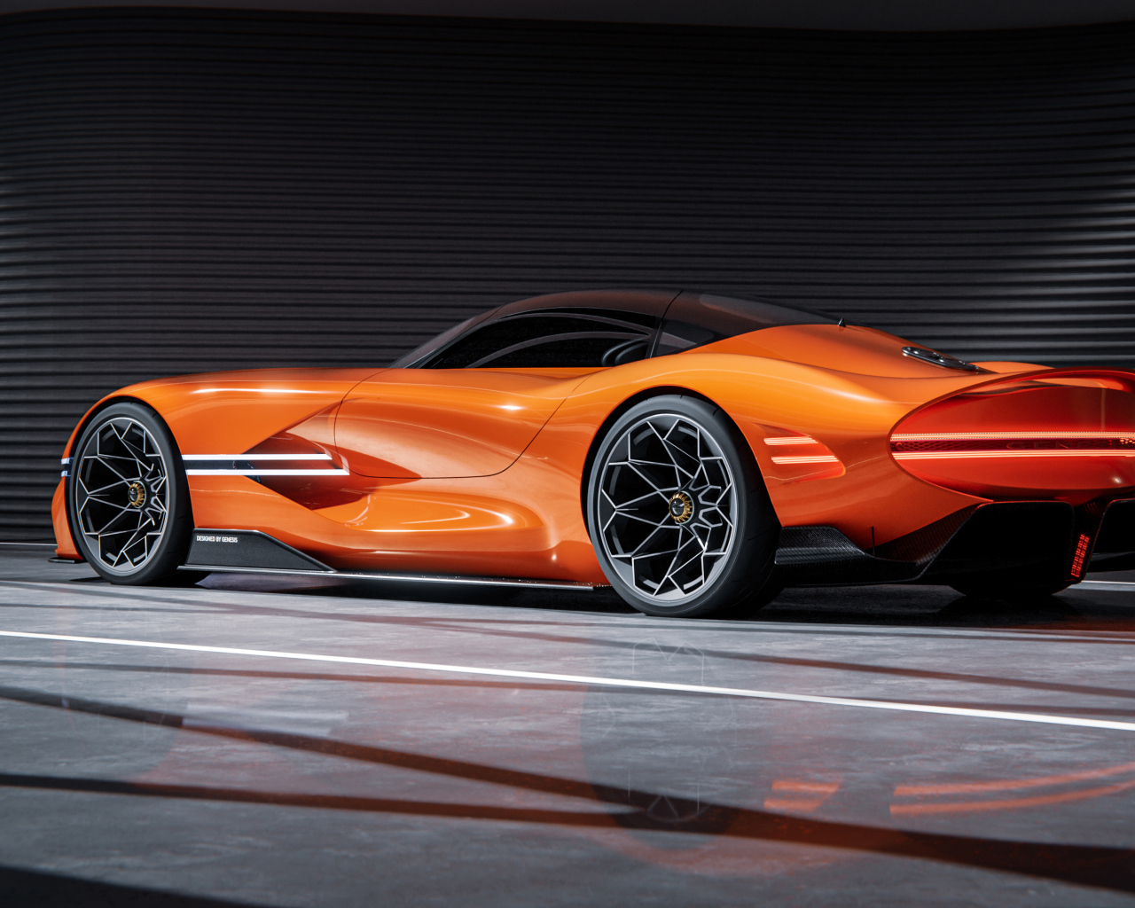 Вид сзади на оранжевый автомобиль концепт Genesis X Gran Berlinetta