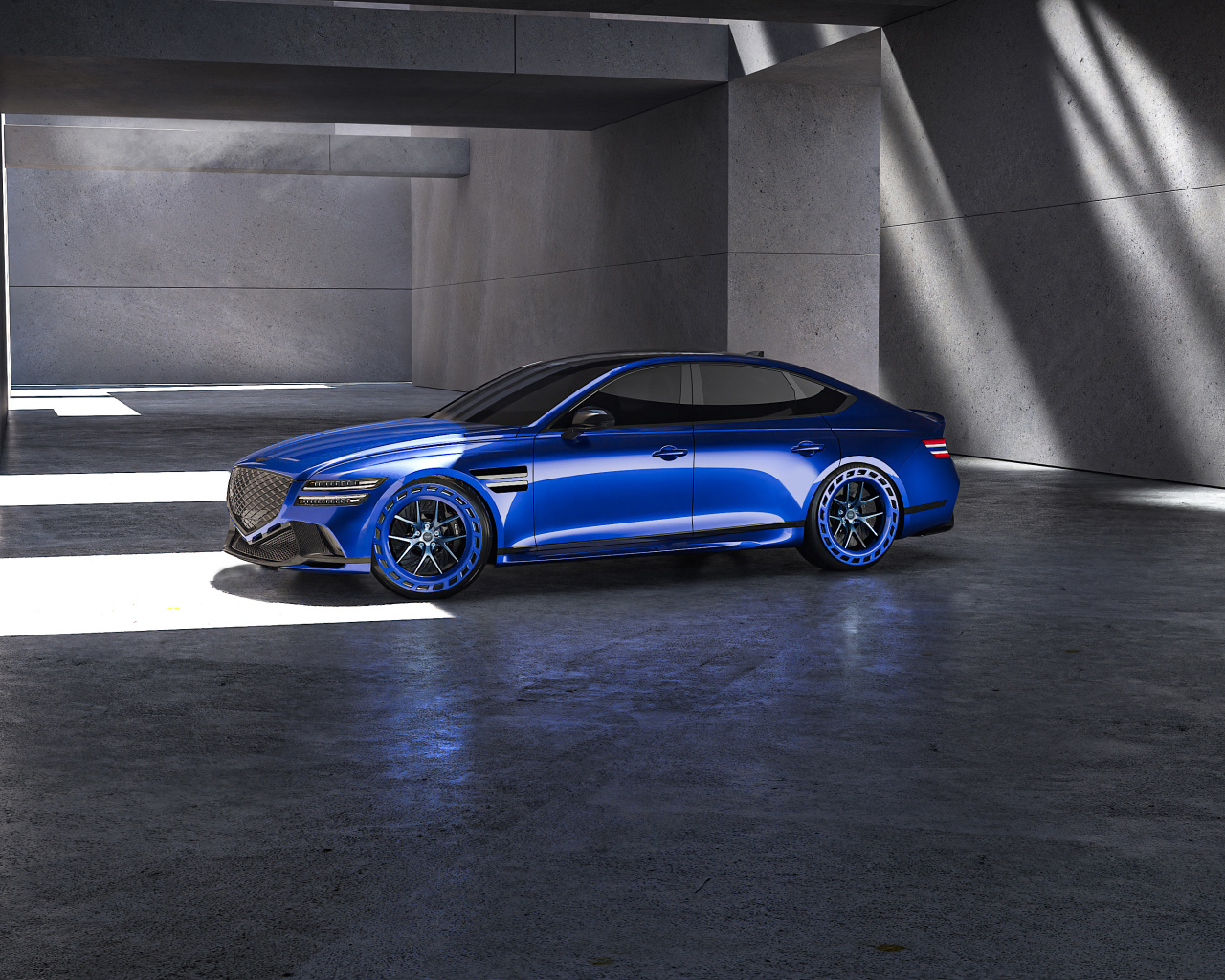 Вид сбоку на синий автомобиль  Genesis G80 EV Magma Concept 2024 года