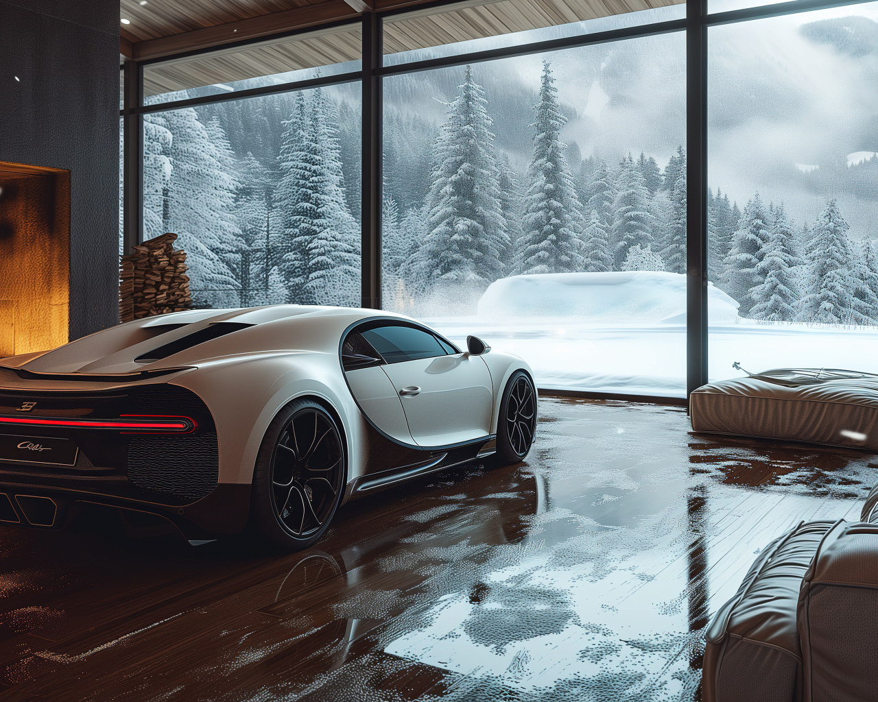 Автомобиль Bugatti Chiron Cozy в комнате зимой