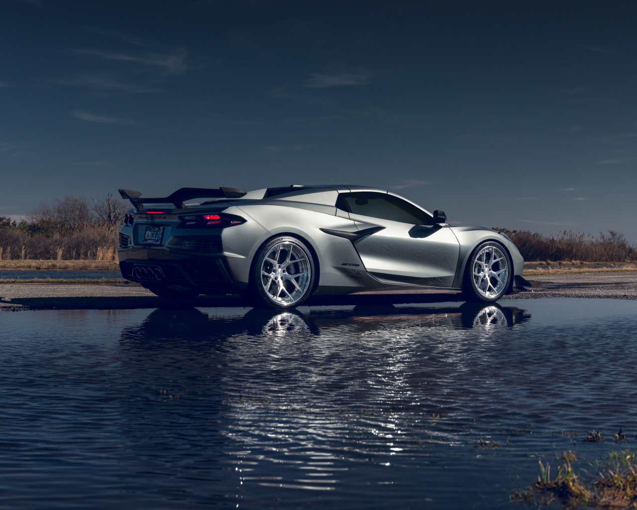 Вид сзади на автомобиль Chevy Corvette Z06 у воды