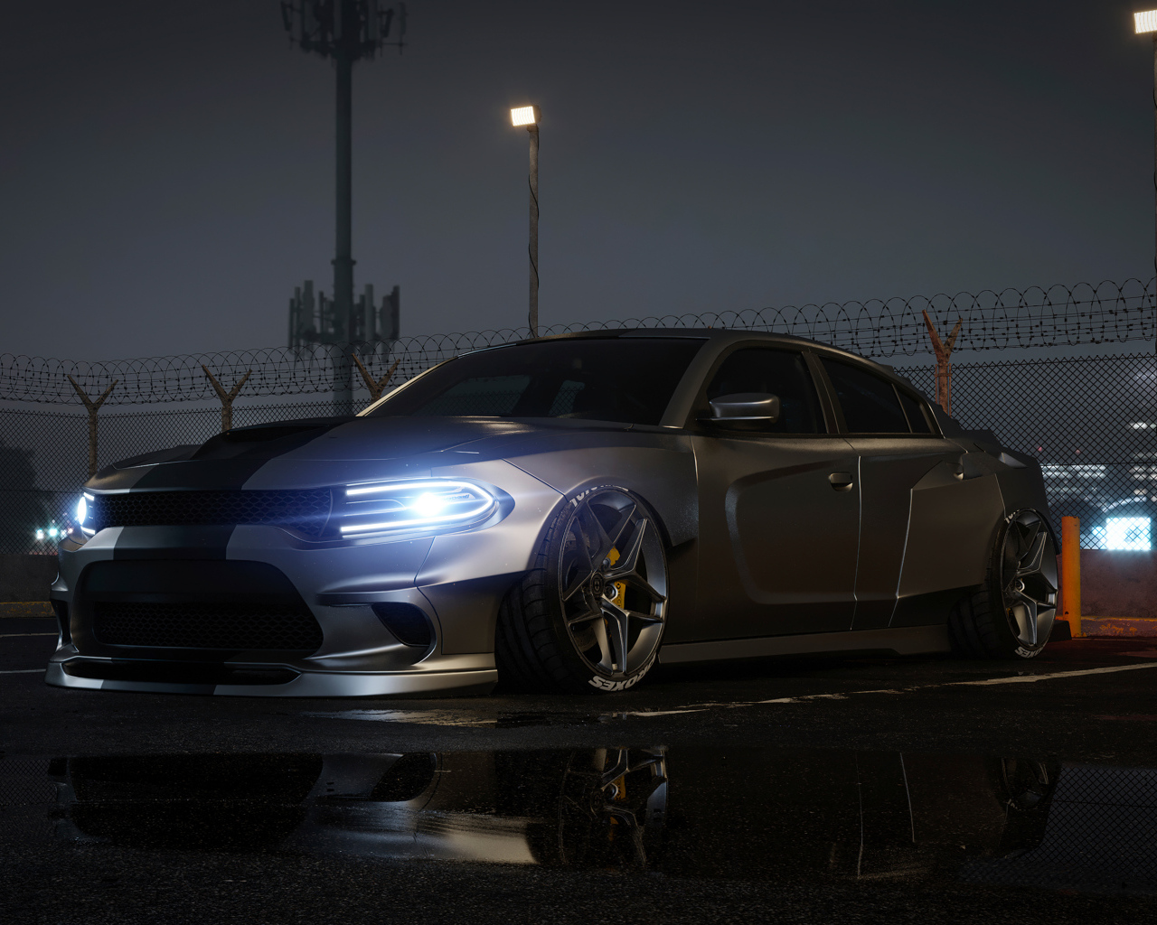 Автомобиль Dodge Charger CGI с включенными фарами