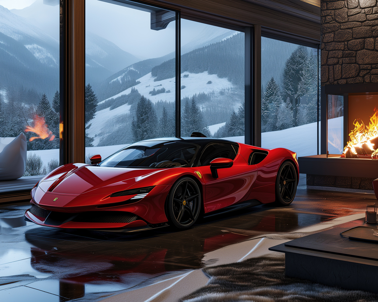 Красный автомобиль Ferrari SF90 Stradale AI в комнате с камином