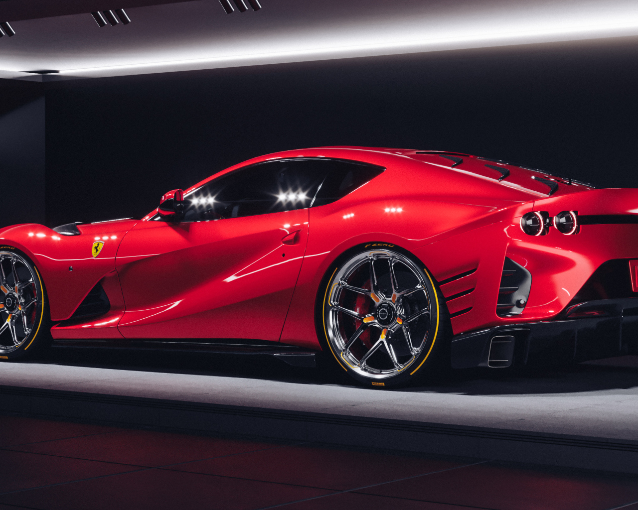 Красный быстрый автомобиль Ferrari 812 Competizione вид сзади