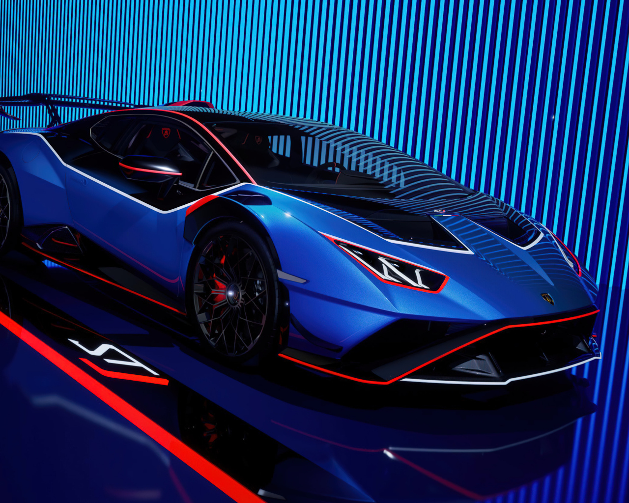 Синий быстрый автомобиль Lamborghini Huracán STJ